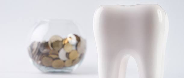 Model tooth in front of a bowl of change