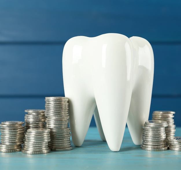 A large ceramic tooth surrounded by silver coins